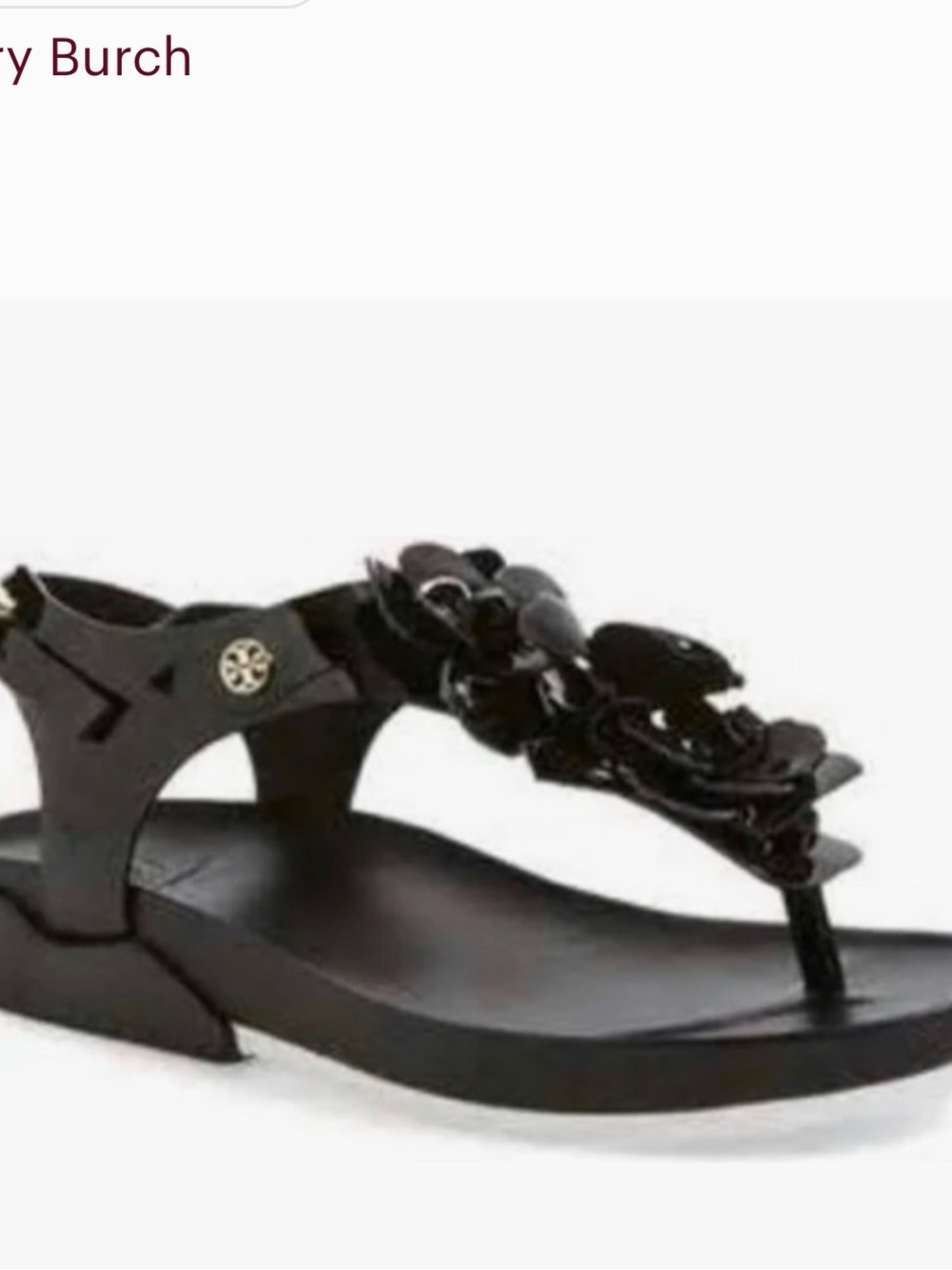 Tory Burch Black Floral Patent  Leather T Strap Sandals
